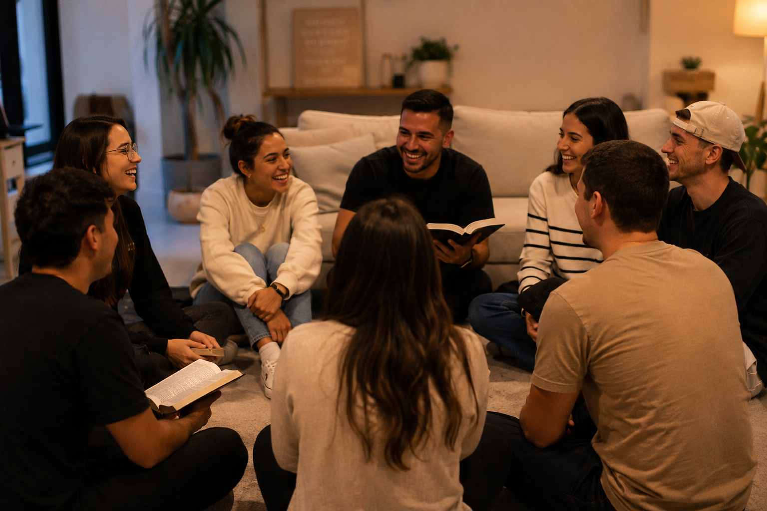 Grupo reunido em casa estudando a Bíblia